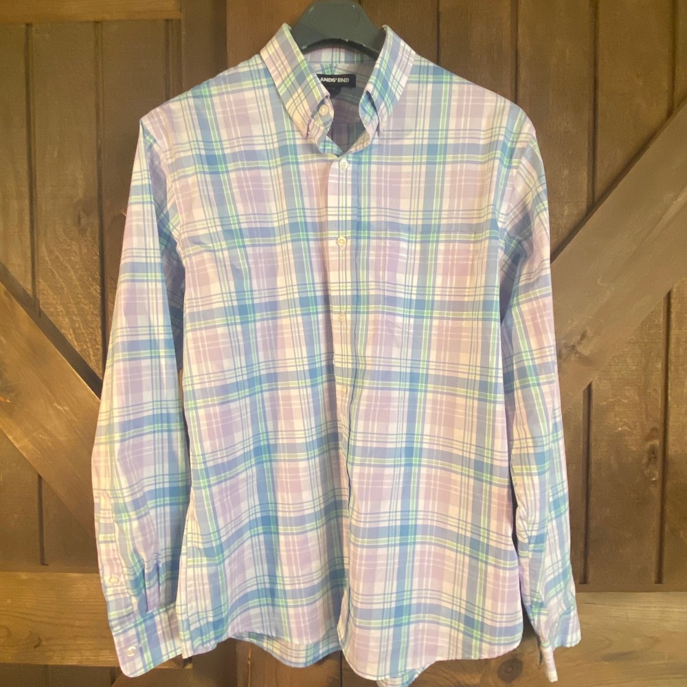 Lands' End Plaid Button Down Mens M 15-15.5 Excellent Traditional Fit‎